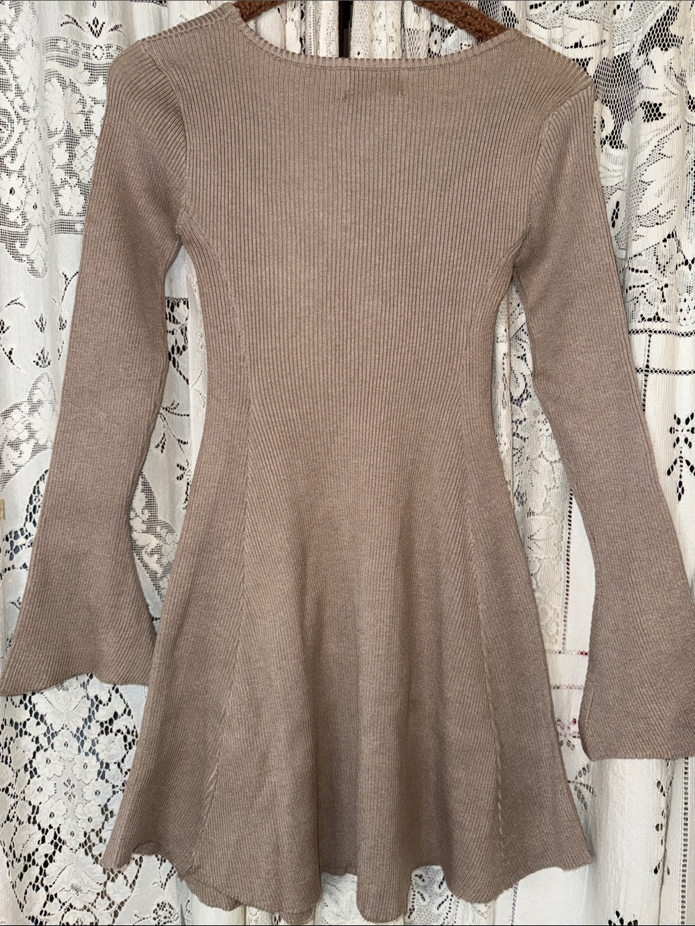 Princess Polly Taupe Ribbed Scoop Neck Dress with Flared Sleeves - Picture 5 of 7